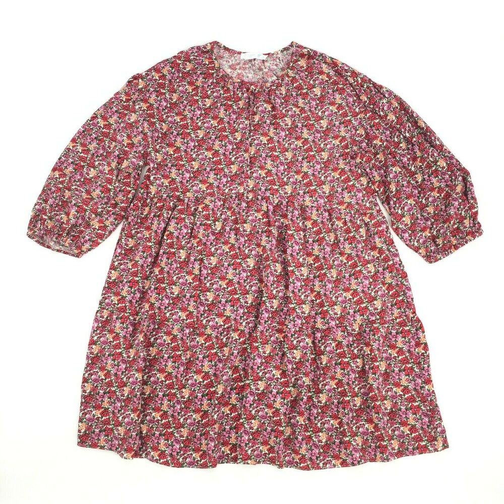 Primark Cares Floral Print A Line Tunic Dress Size 8 Red Pink Balloon Sleeve M